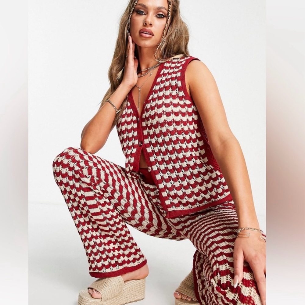 Damson Madder Crochet Set Red Cardigan Vest Flared Pants